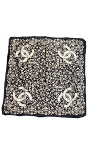 Chanel Vintage Black & White Camellia CC Logo Silk Scarf