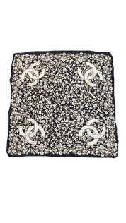 Chanel Vintage Black & White Camellia CC Logo Silk Scarf