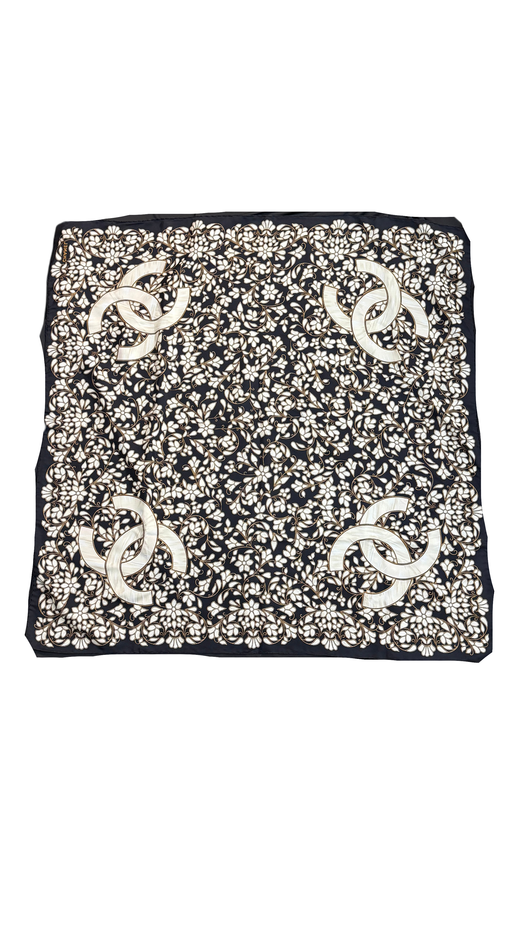 Chanel Vintage Black & White Camellia CC Logo Silk Scarf
