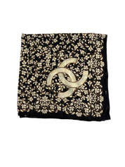 Chanel Vintage Black & White Camellia CC Logo Silk Scarf