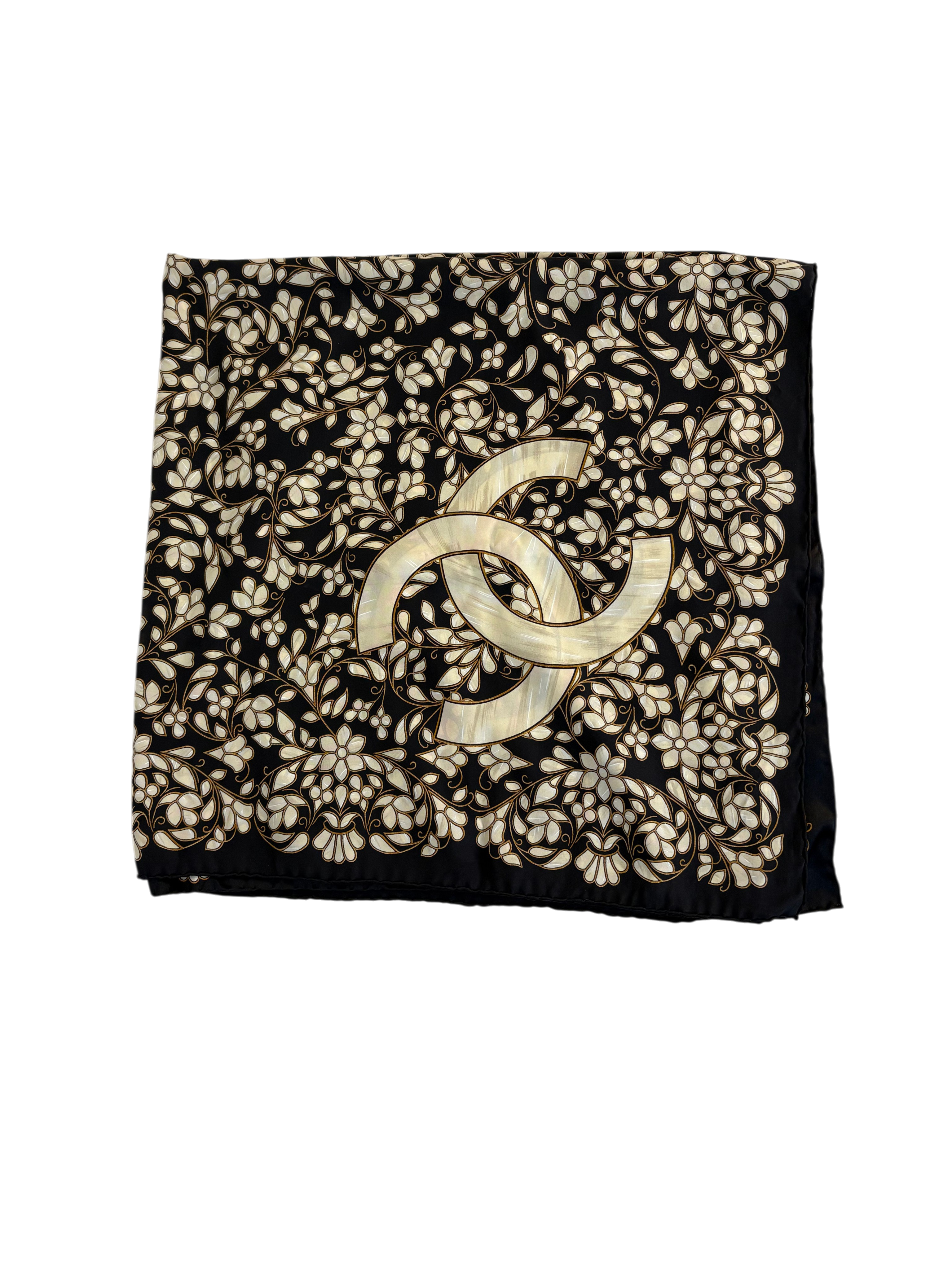 Chanel Vintage Black & White Camellia CC Logo Silk Scarf