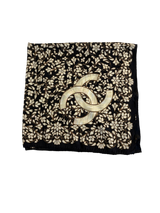 Chanel Vintage Black & White Camellia CC Logo Silk Scarf