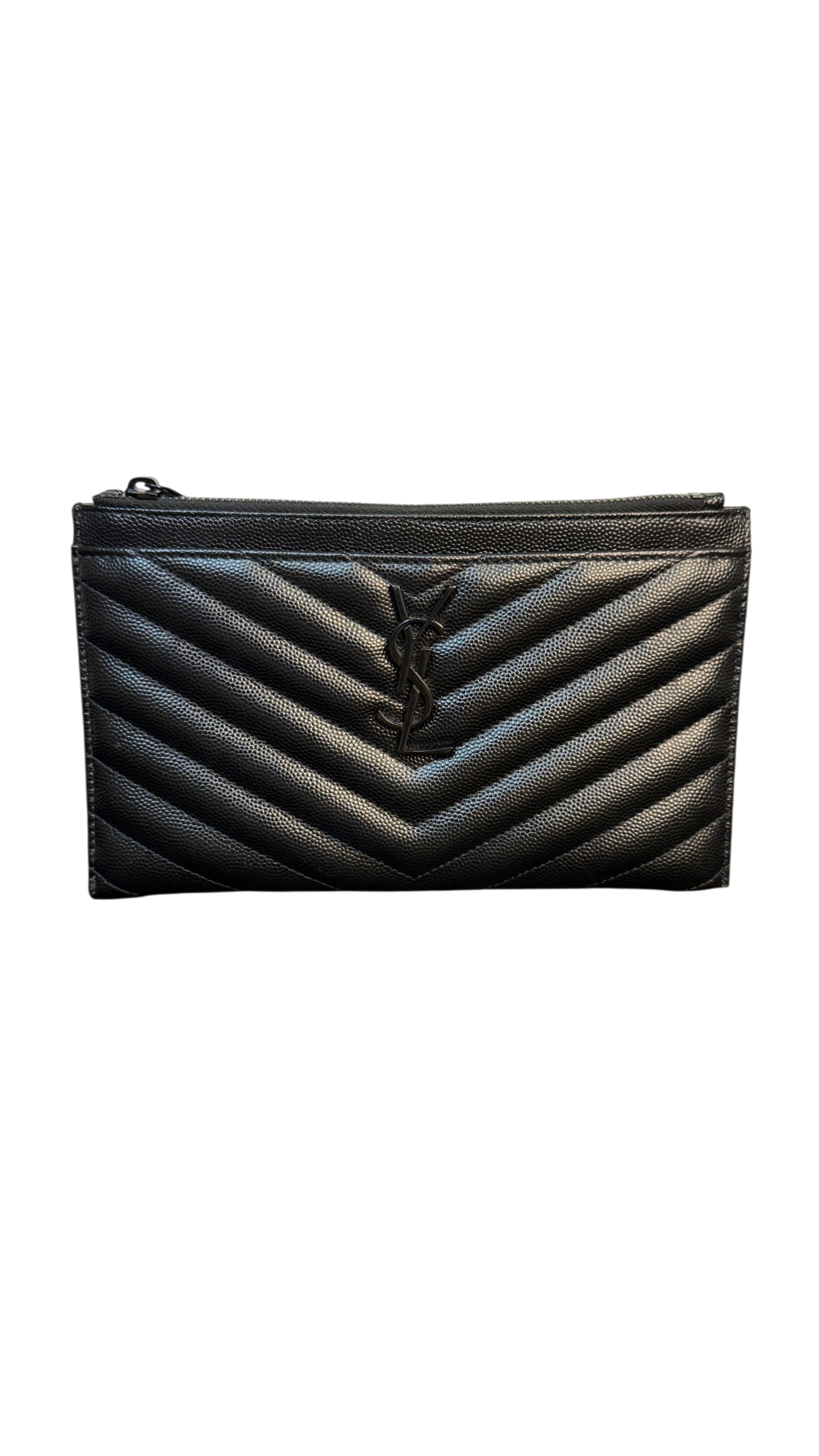 Saint Laurent Black Chevron Grain de Poudre Leather Zip Bill Pouch