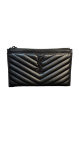 Saint Laurent Black Chevron Grain de Poudre Leather Zip Bill Pouch