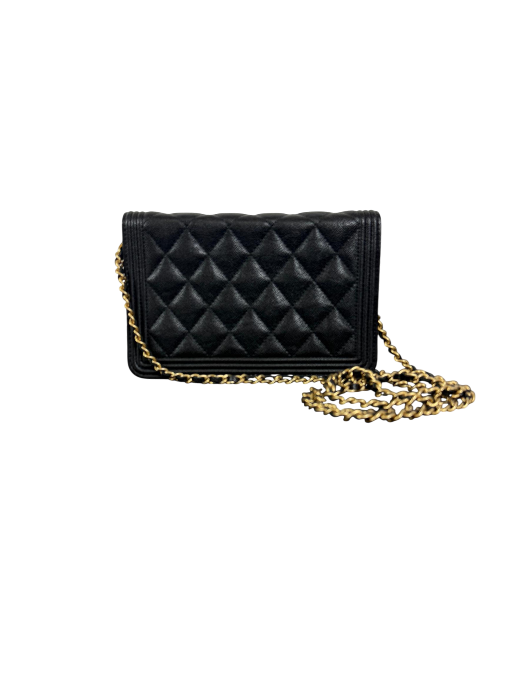 Chanel Boy Black Quilted Caviar Leather Wallet on Chain (WOC) with Gold Hardware