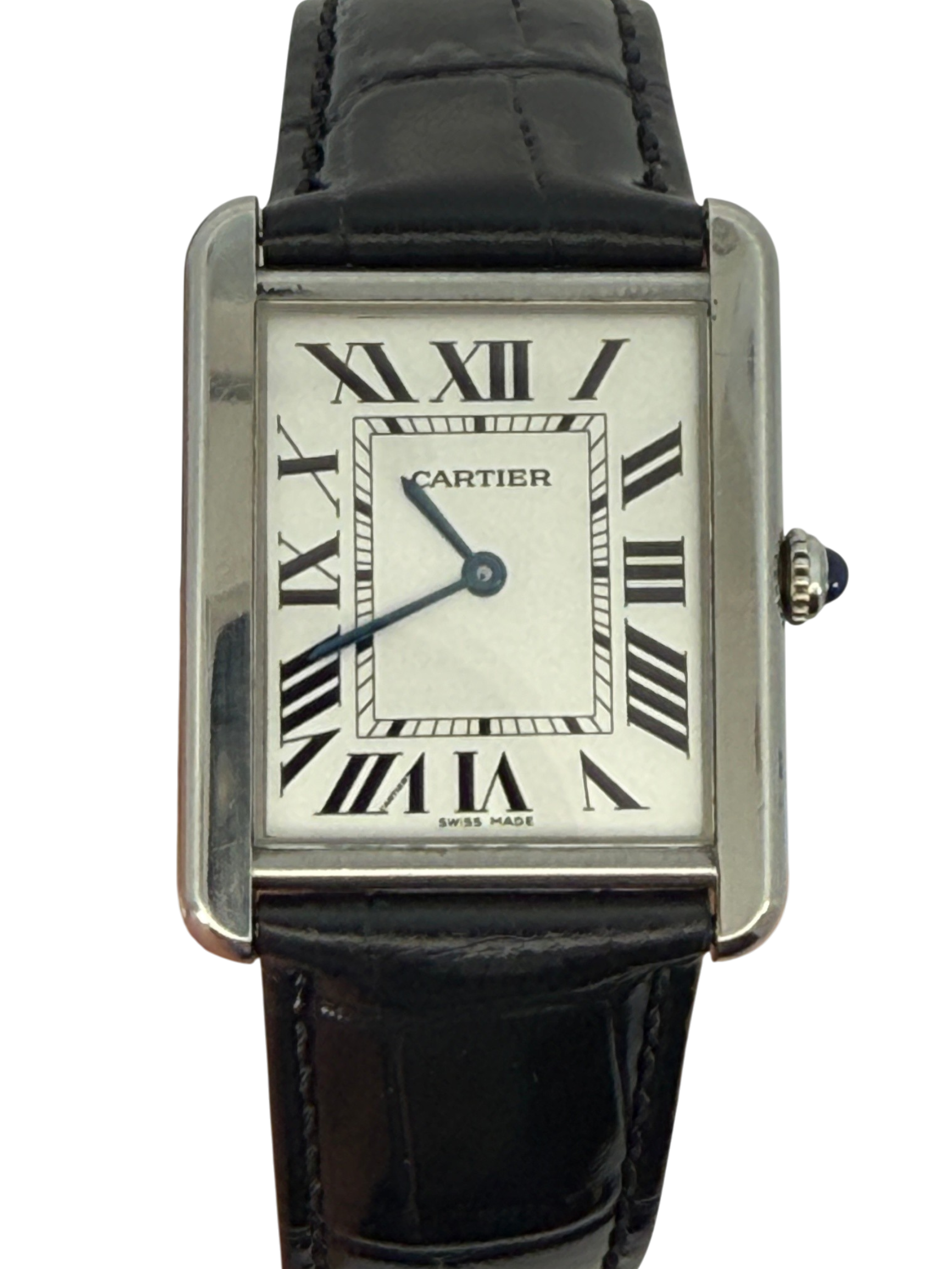 Cartier Tank Must Black Leather Strap Roman Numeral Watch Silver White Dial