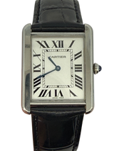 Cartier Tank Must Black Leather Strap Roman Numeral Watch Silver White Dial