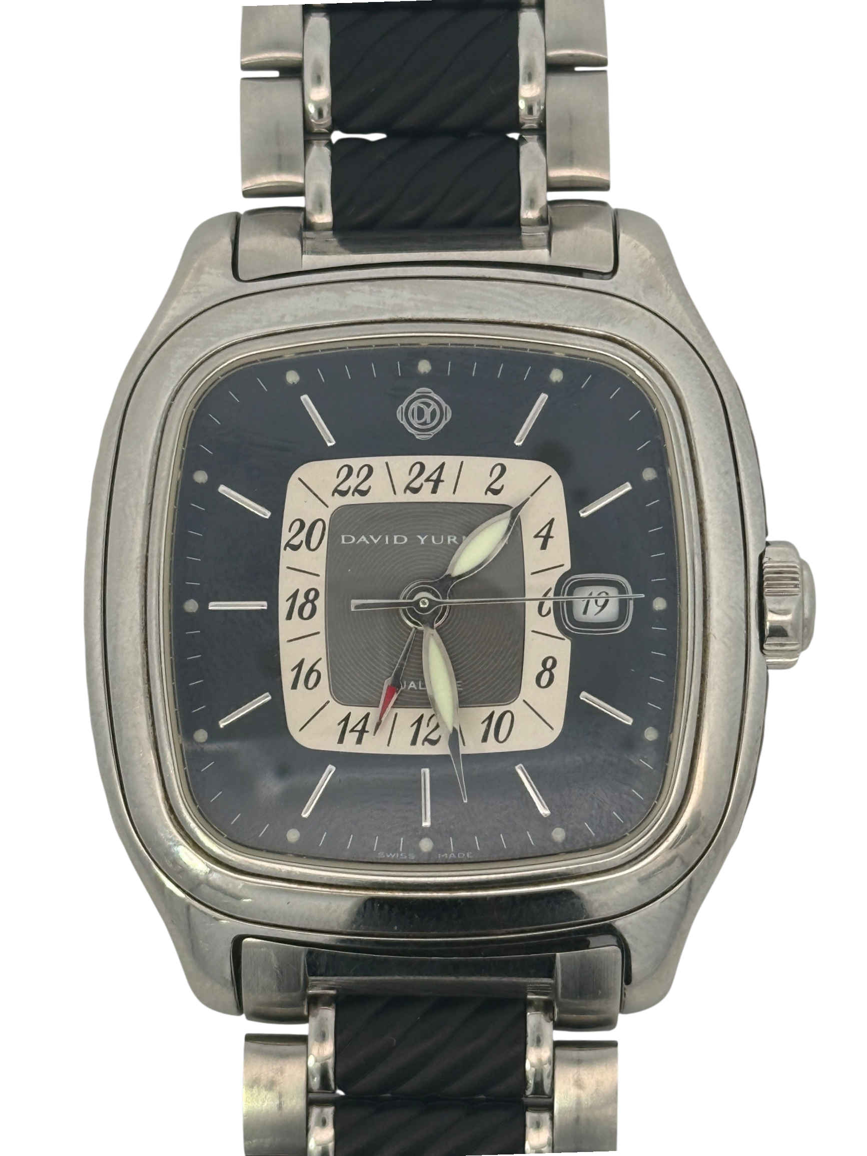 David Yurman Thoroughbred Dual Time GMT Watch Stainless Steel Black Dial T306-dst