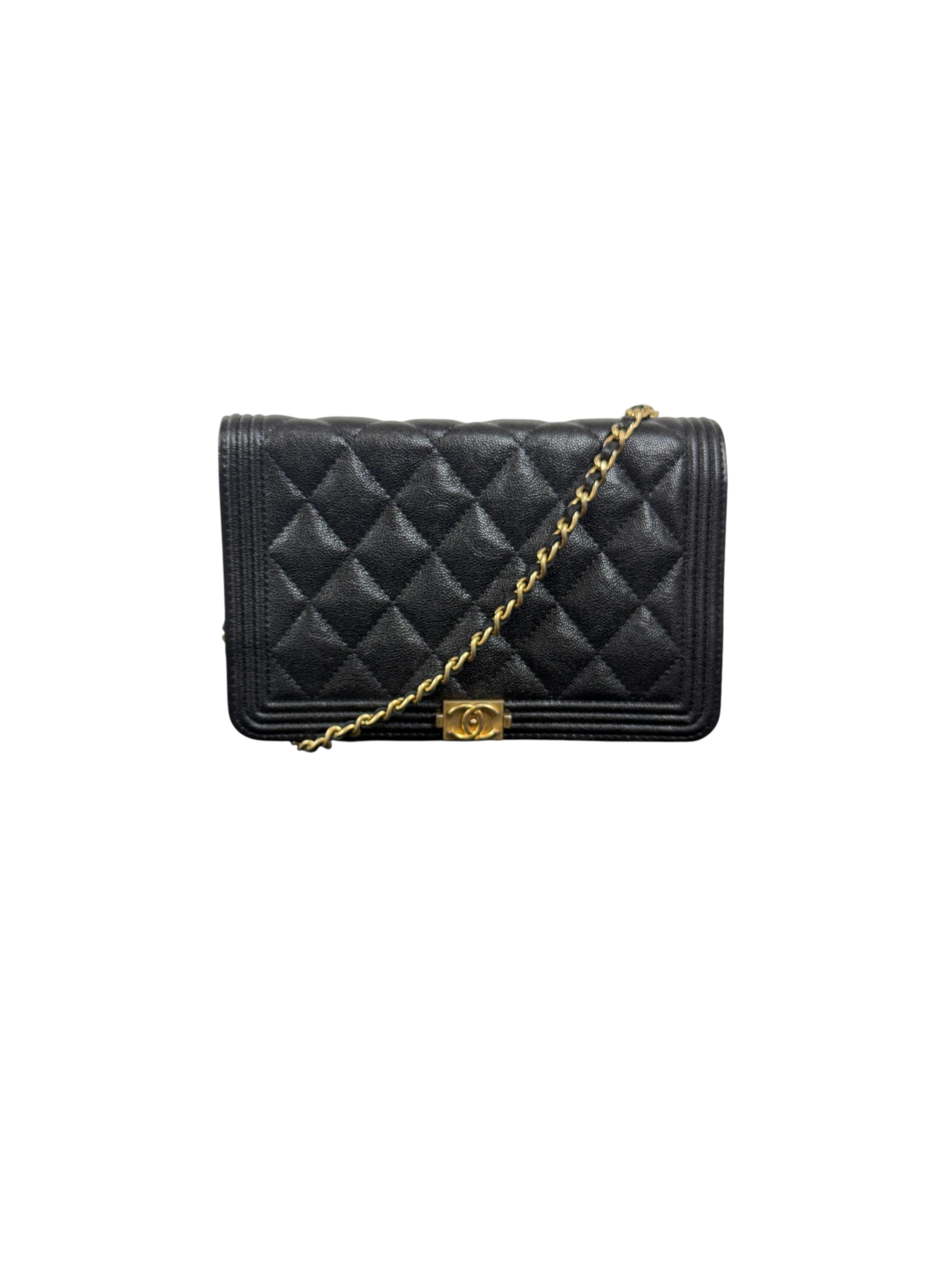 Chanel Boy Black Quilted Caviar Leather Wallet on Chain (WOC) with Gold Hardware