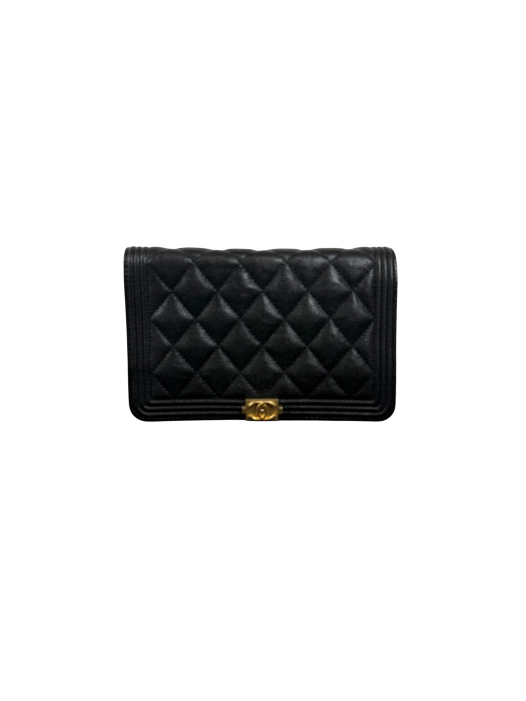Chanel Boy Black Quilted Caviar Leather Wallet on Chain (WOC) with Gold Hardware