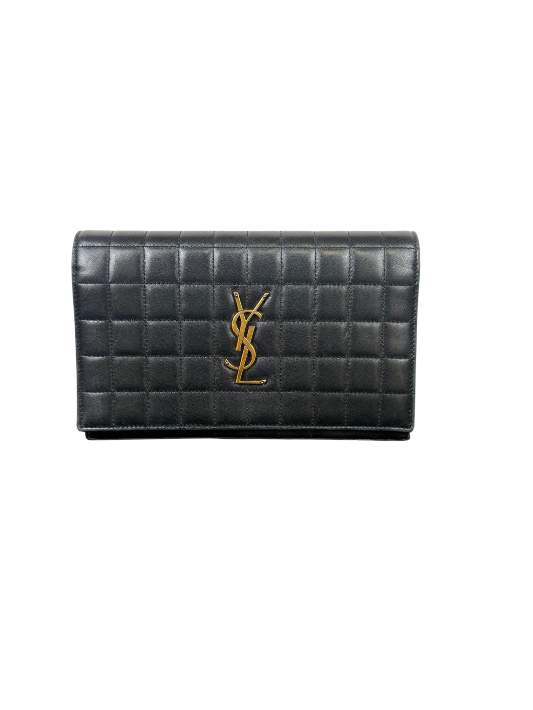 Yves Saint Laurent Cassandre Black Quilted Leather Wallet On Chain